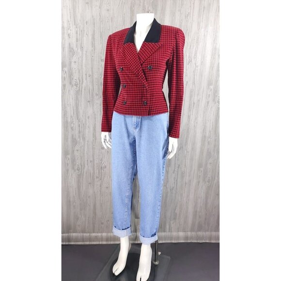 80's 90s Vintage Red & Black Houndstooth Blazer Crop Velvet Collar Clueless - Picture 2 of 6